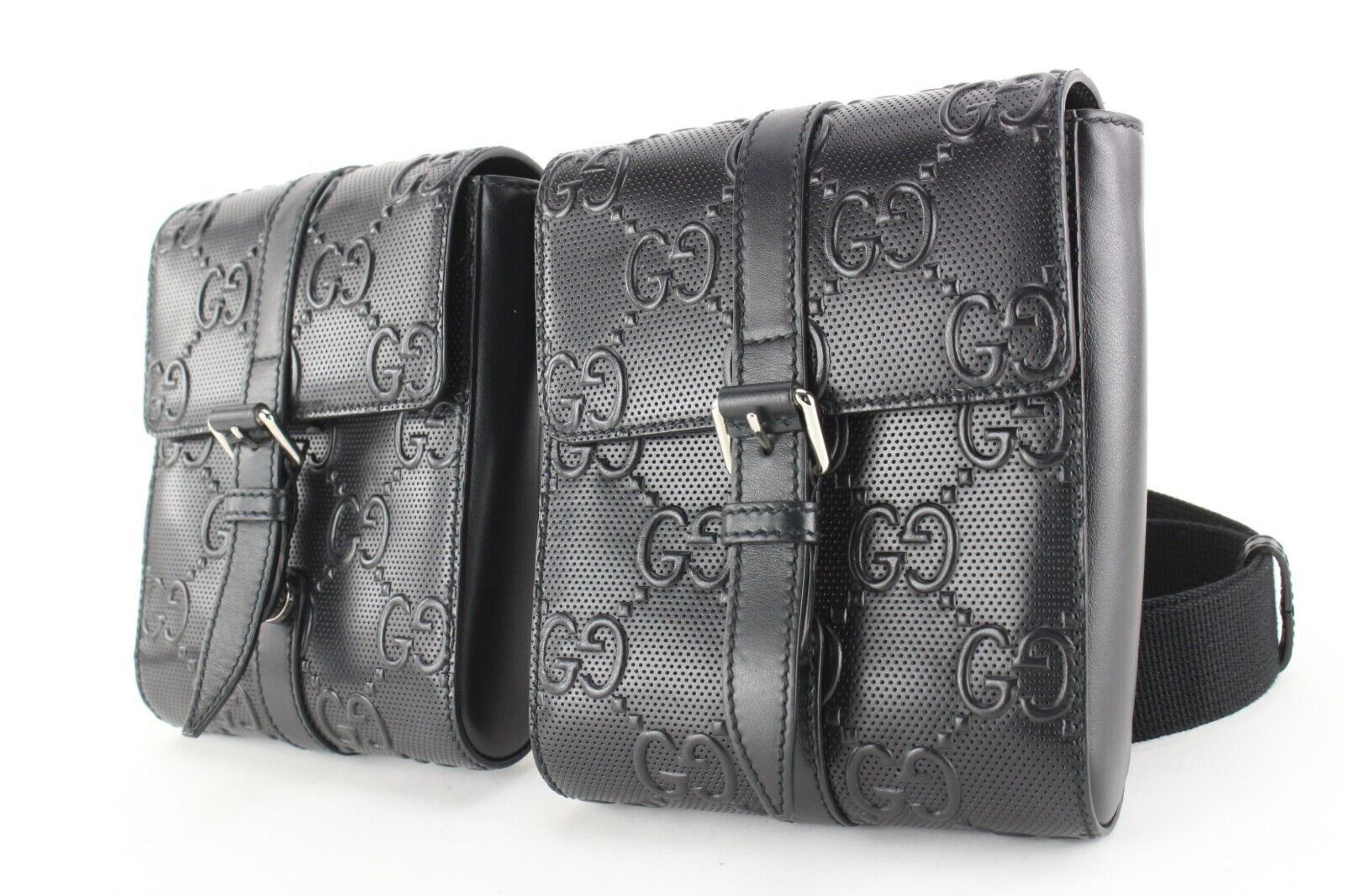 Gucci GG Logo Embossed Double Belt Bag Fanny Pack Black Leather Crossbody 1G0104 5
