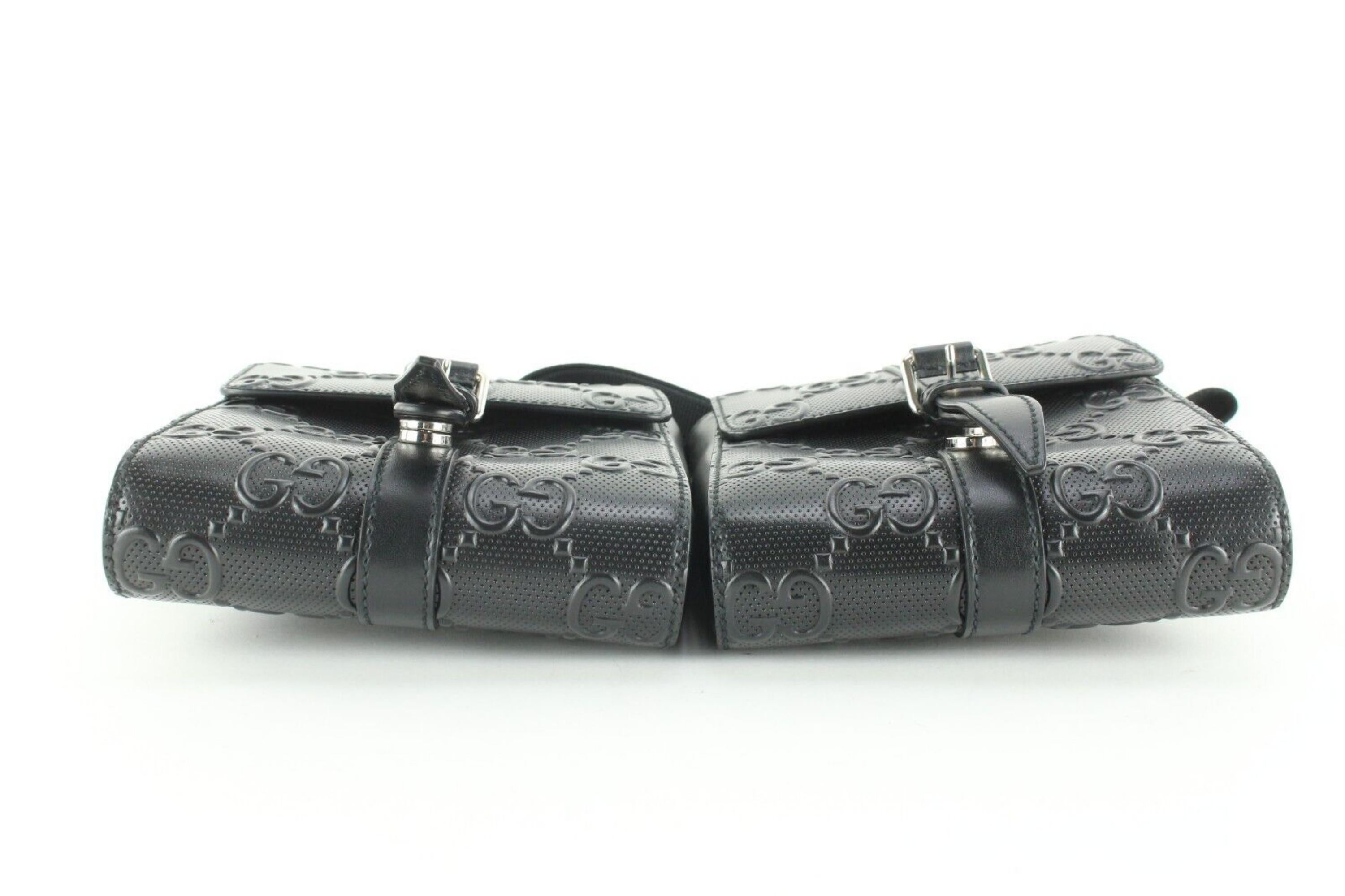 Women's Gucci GG Logo Embossed Double Belt Bag Fanny Pack Black Leather Crossbody 1G0104