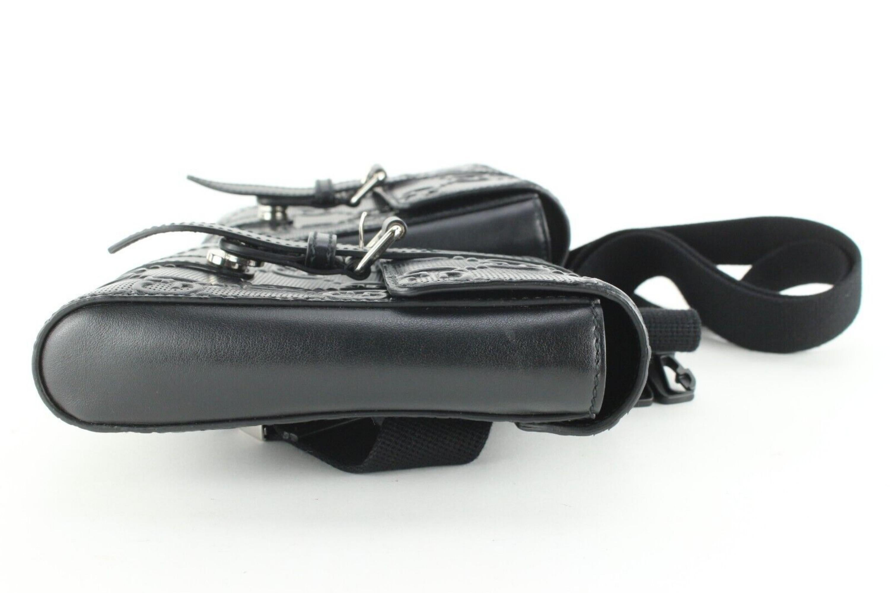 Gucci GG Logo Embossed Double Belt Bag Fanny Pack Black Leather Crossbody 1G0104 1