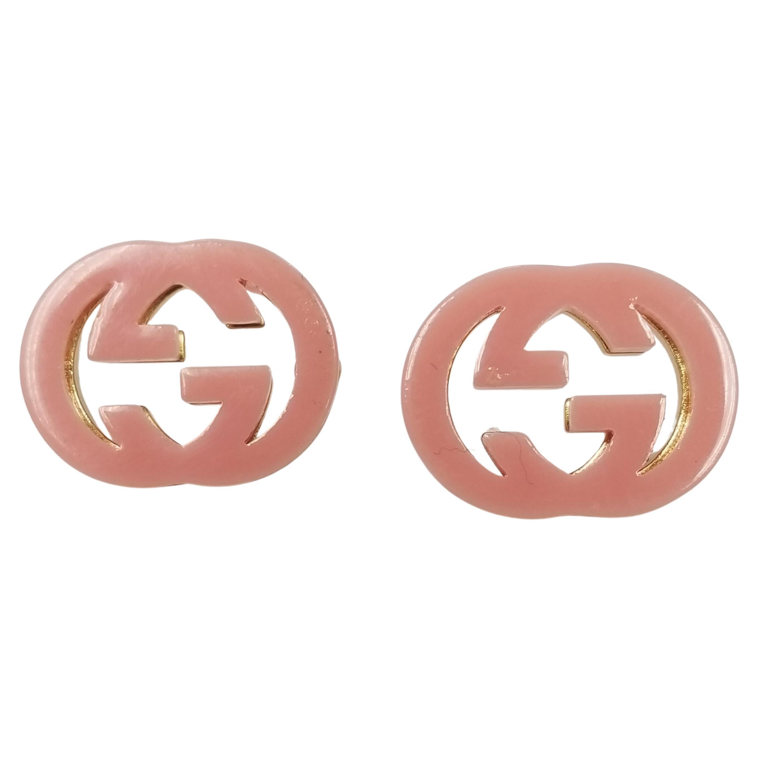 Gucci "GG" Logo Gold Plated Pink Enamel Earrings For Sale