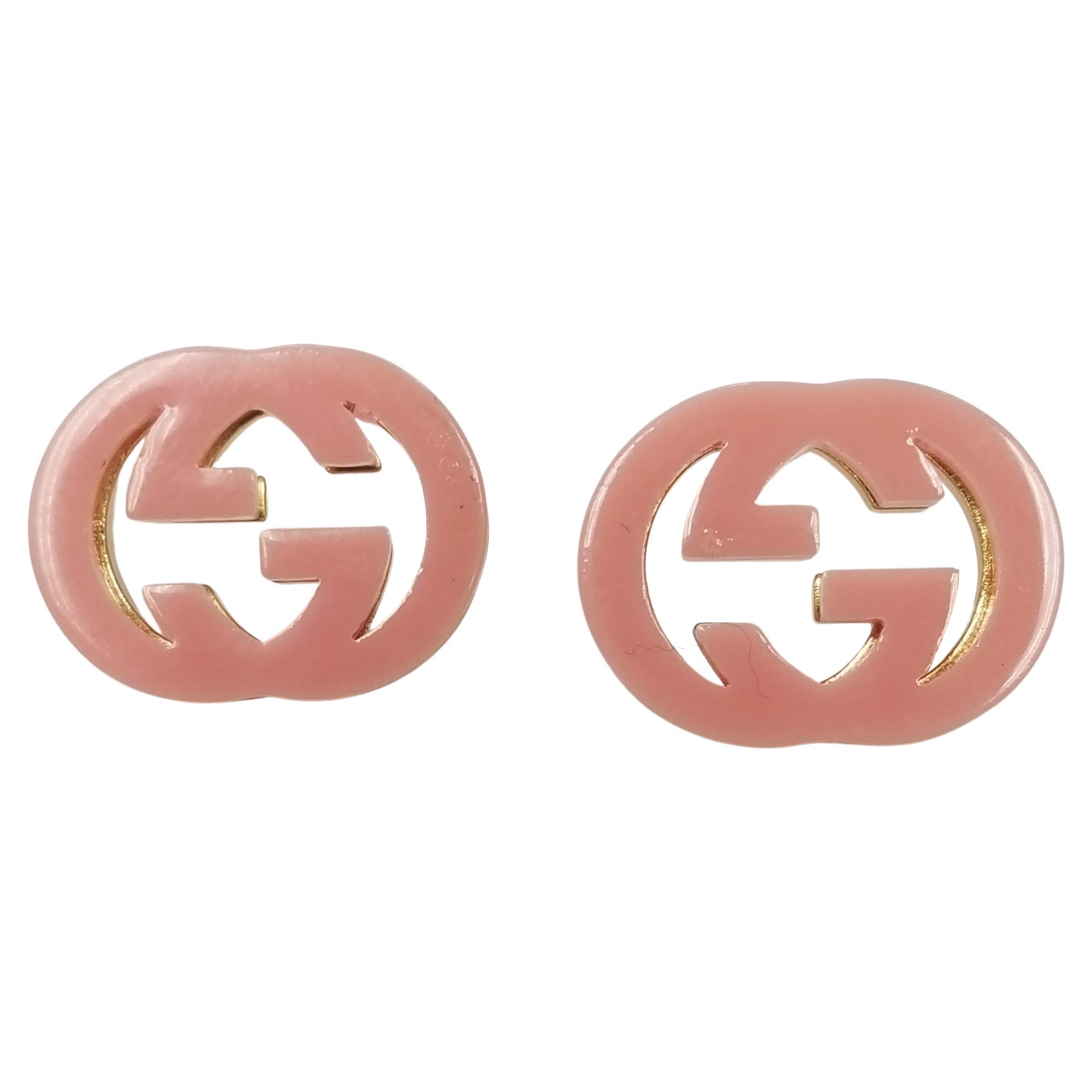 Gucci "GG" Logo Gold Plated Pink Enamel Earrings For Sale