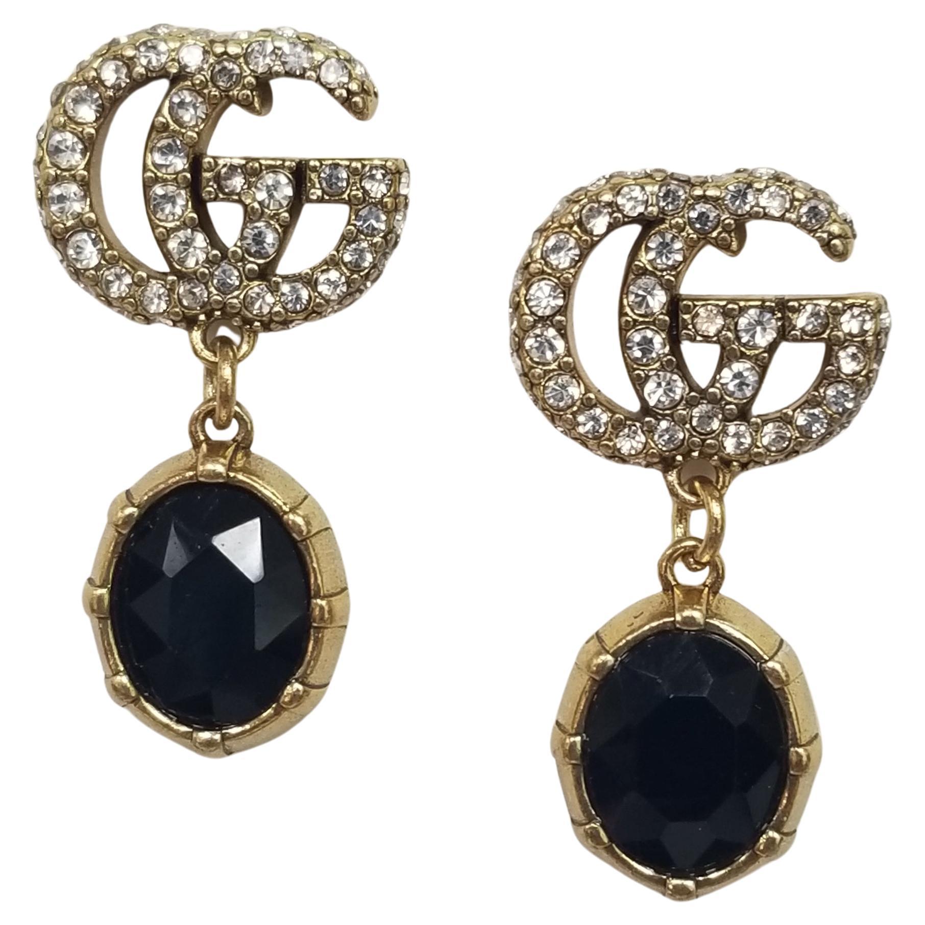 Gucci "GG" Logo in Crystals with Dangling Black Faceted Crystal Earrings For Sale