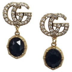 Gucci "GG" Logo in Crystals with Dangling Black Faceted Crystal Earrings