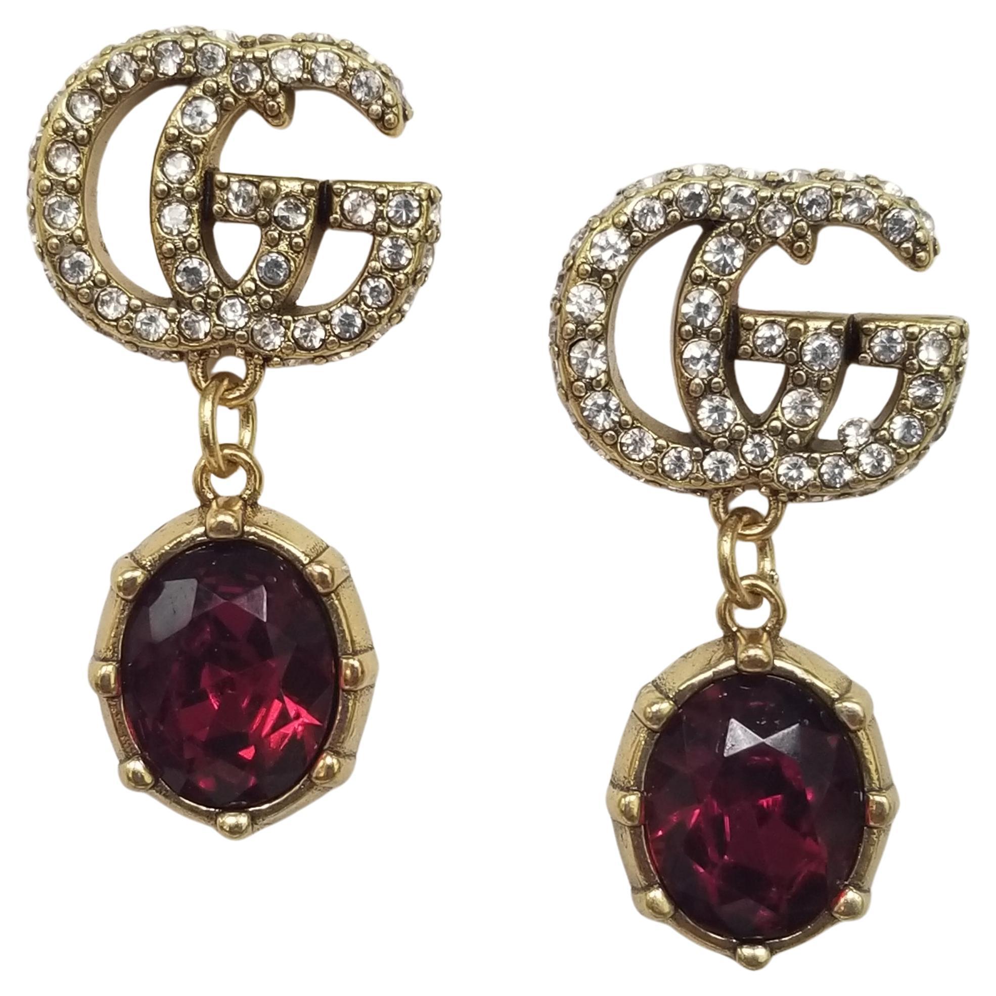 Gucci "GG" Logo in Crystals with Dangling Red Faceted Crystal Earrings