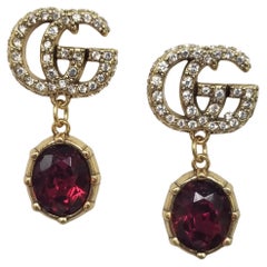 Gucci "GG" Logo in Crystals with Dangling Red Faceted Crystal Earrings