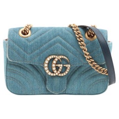 Gucci GG Logo Limited Edition Chevron Denim Chain Shoulder Bag Blue