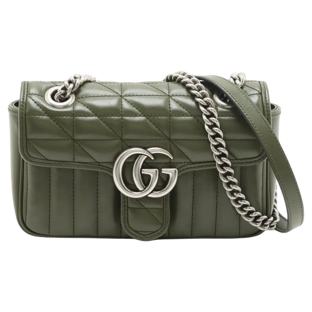 Gucci GG Logo Marmont Leather Chain Shoulder Bag Khaki