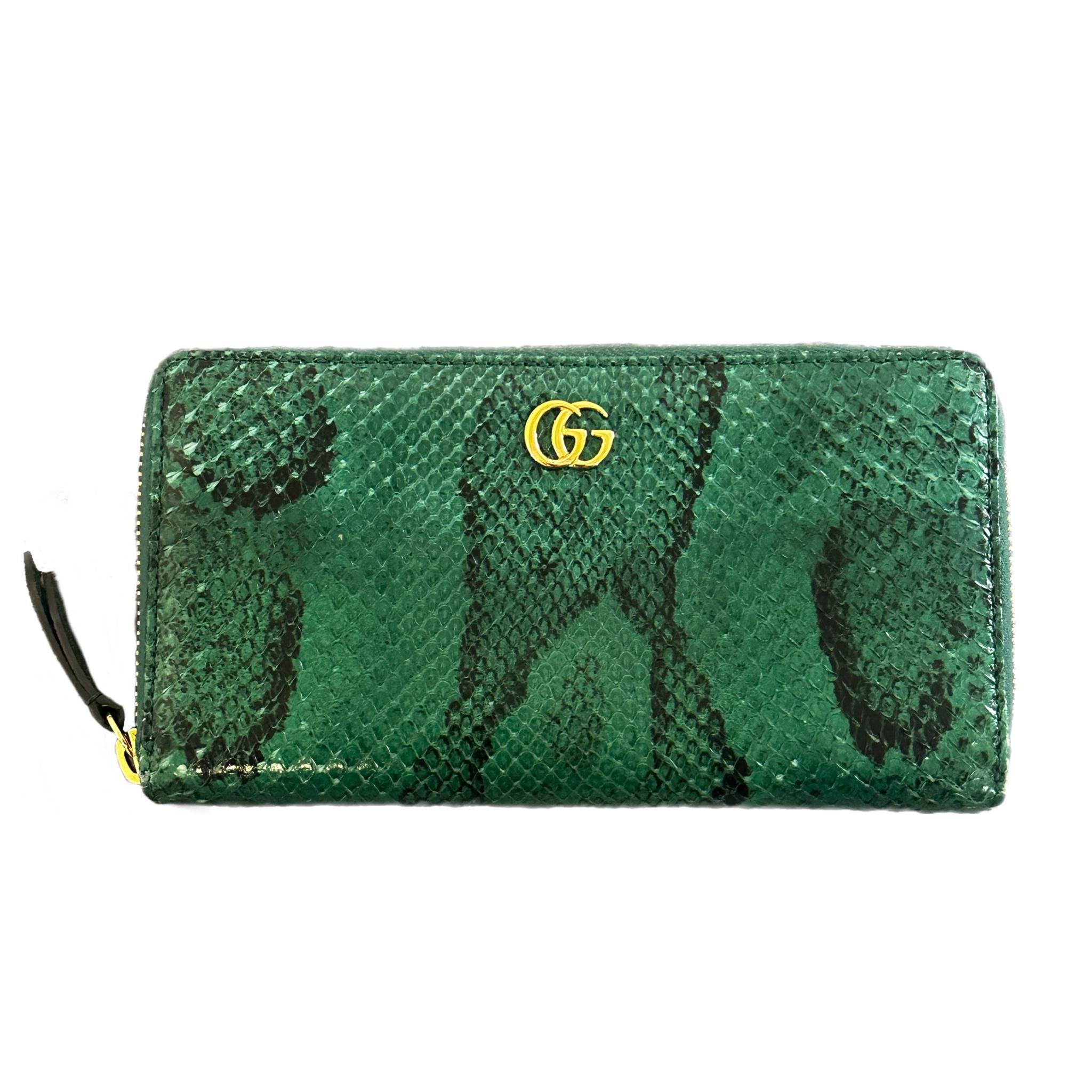 Blue Gucci GG Logo Marmont Python Zip Long Wallet Green x Black