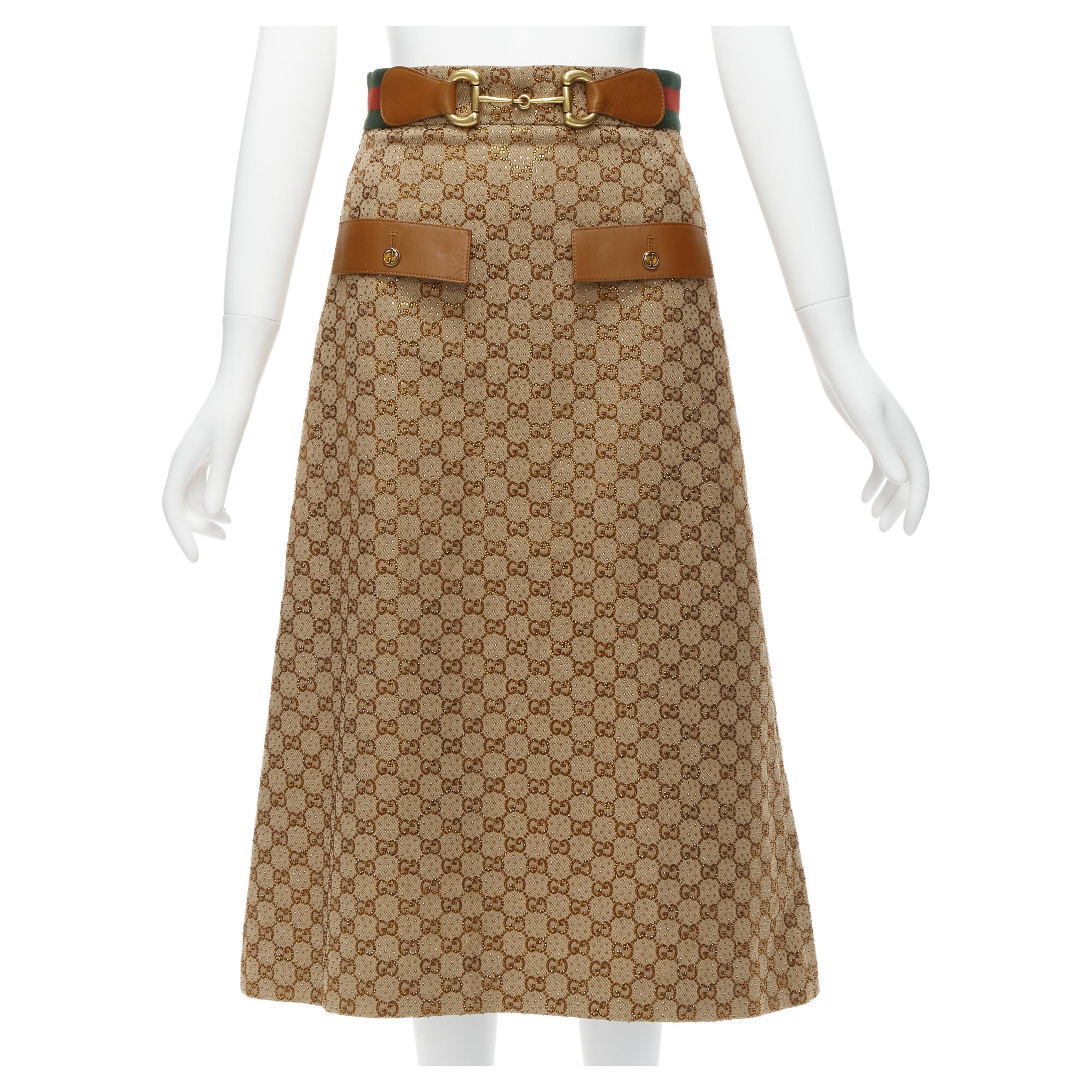 GUCCI GG logo monogram crystal brown leather horse bit A-line midi skirt IT38  For Sale