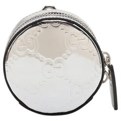 Gucci GG Logo Patent Leather Round Coin Purse Silver
