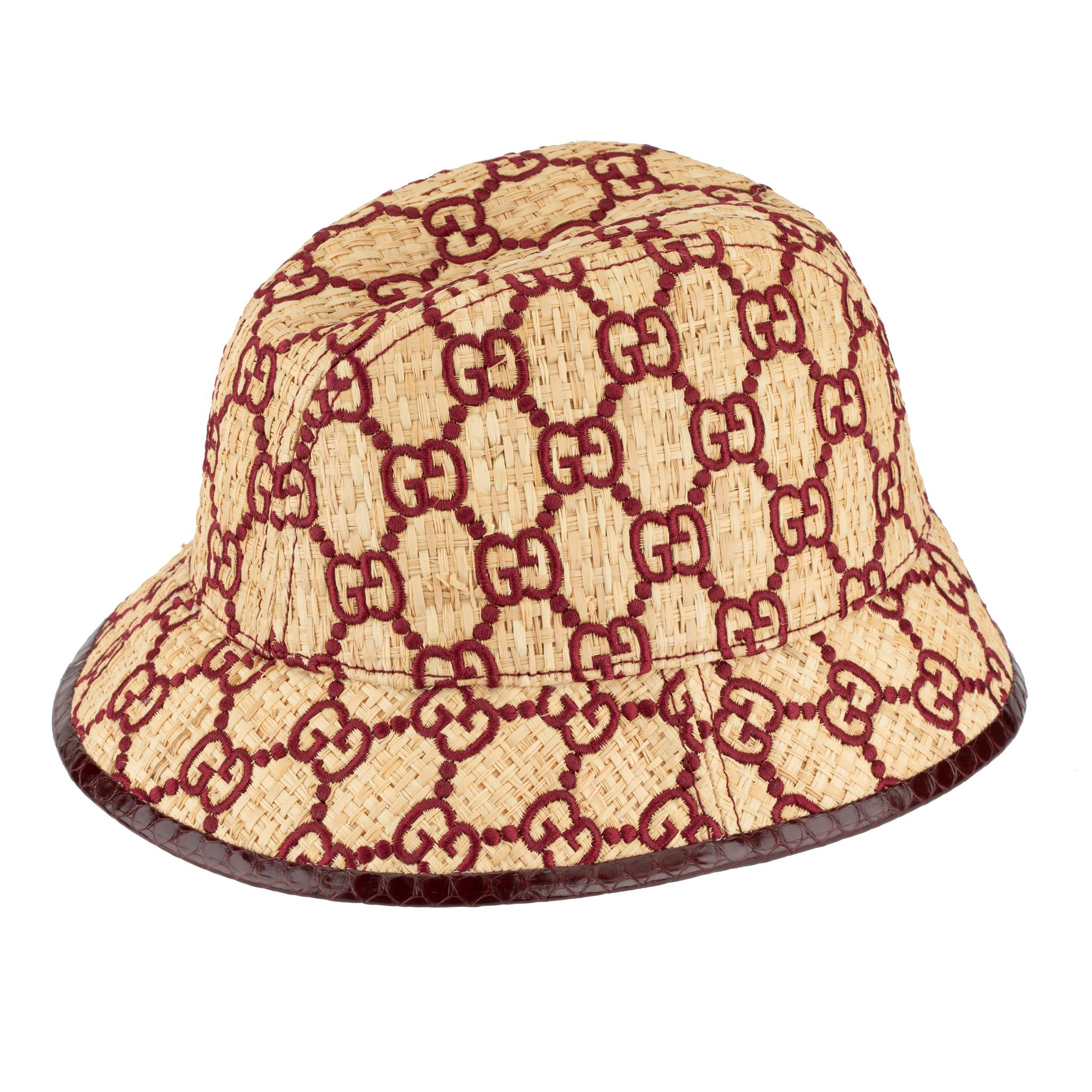 Gucci GG Logo Raffia Bucket Hat With Python Trim 6