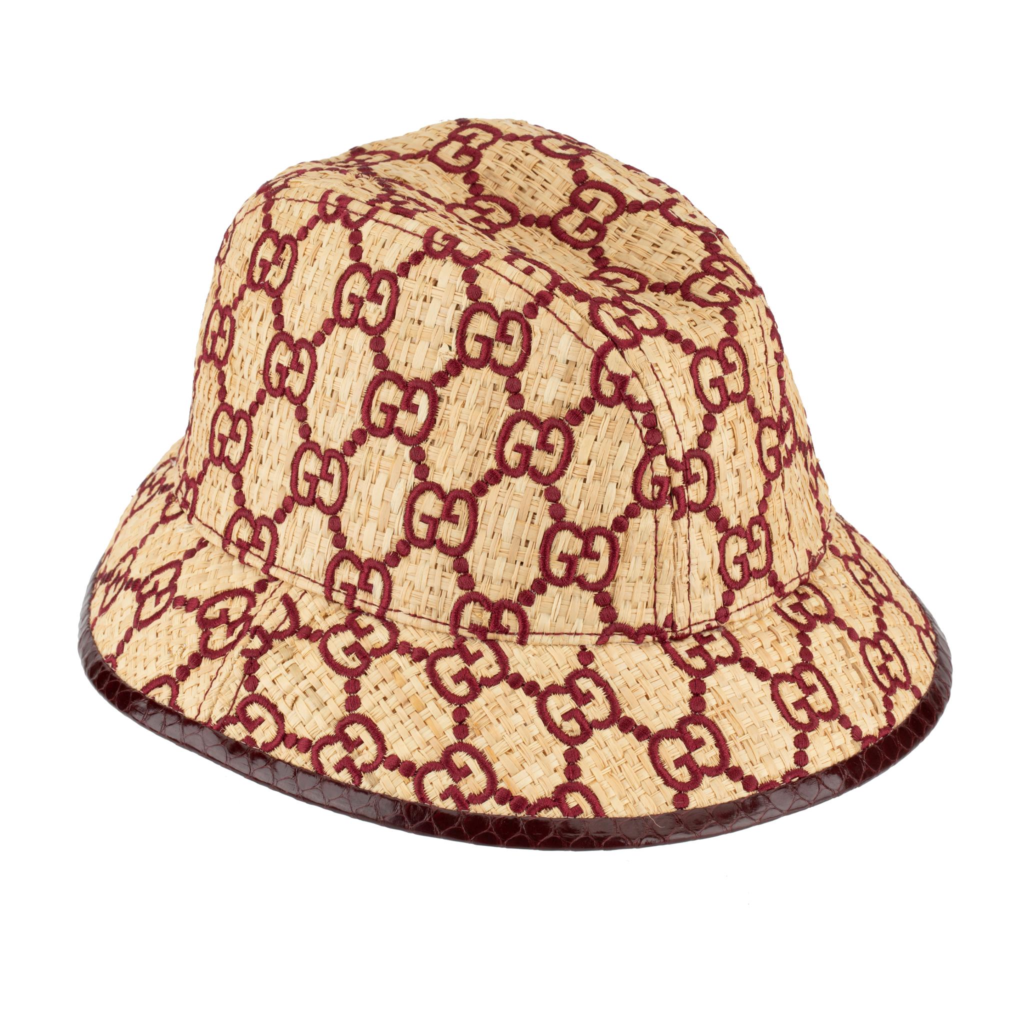 Gucci GG Logo Raffia Bucket Hat With Python Trim 7