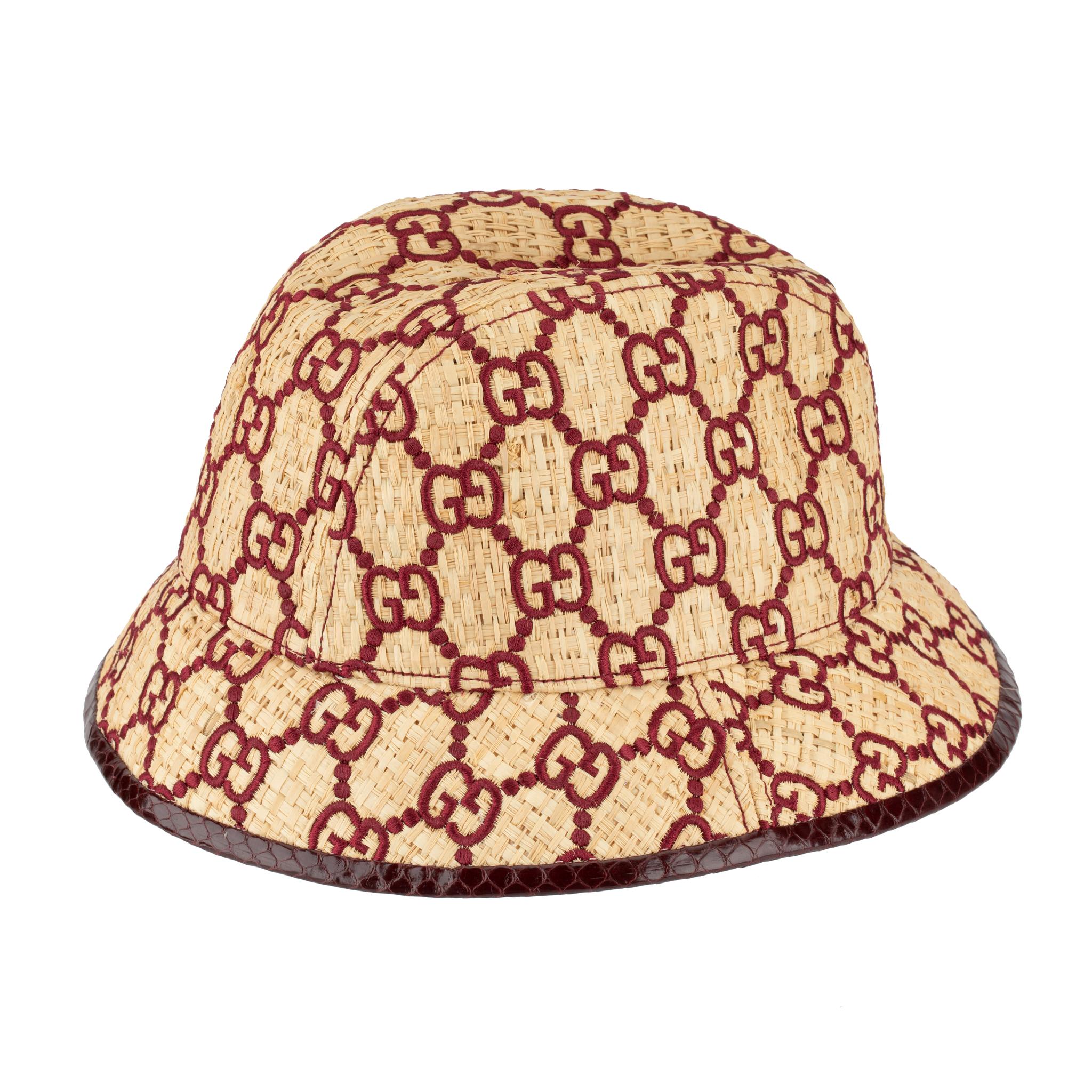 Gucci GG Logo Raffia Bucket Hat With Python Trim 8