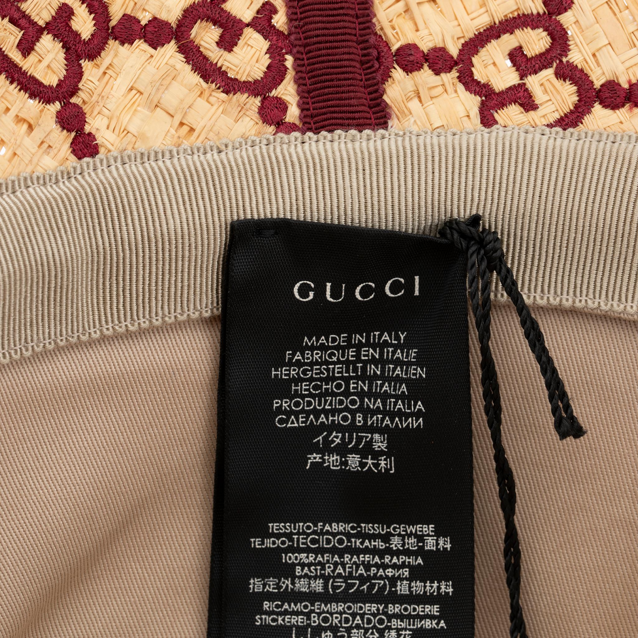 Brand:

Gucci

Product:

GG Logo Summer Bucket Hat

Size:

One Size

Colour:

Natural & Rouge

Material:

Raffia & Python Leather

Condition:

Pristine; New Or Never Worn

Accompanied By:

Hat Only
