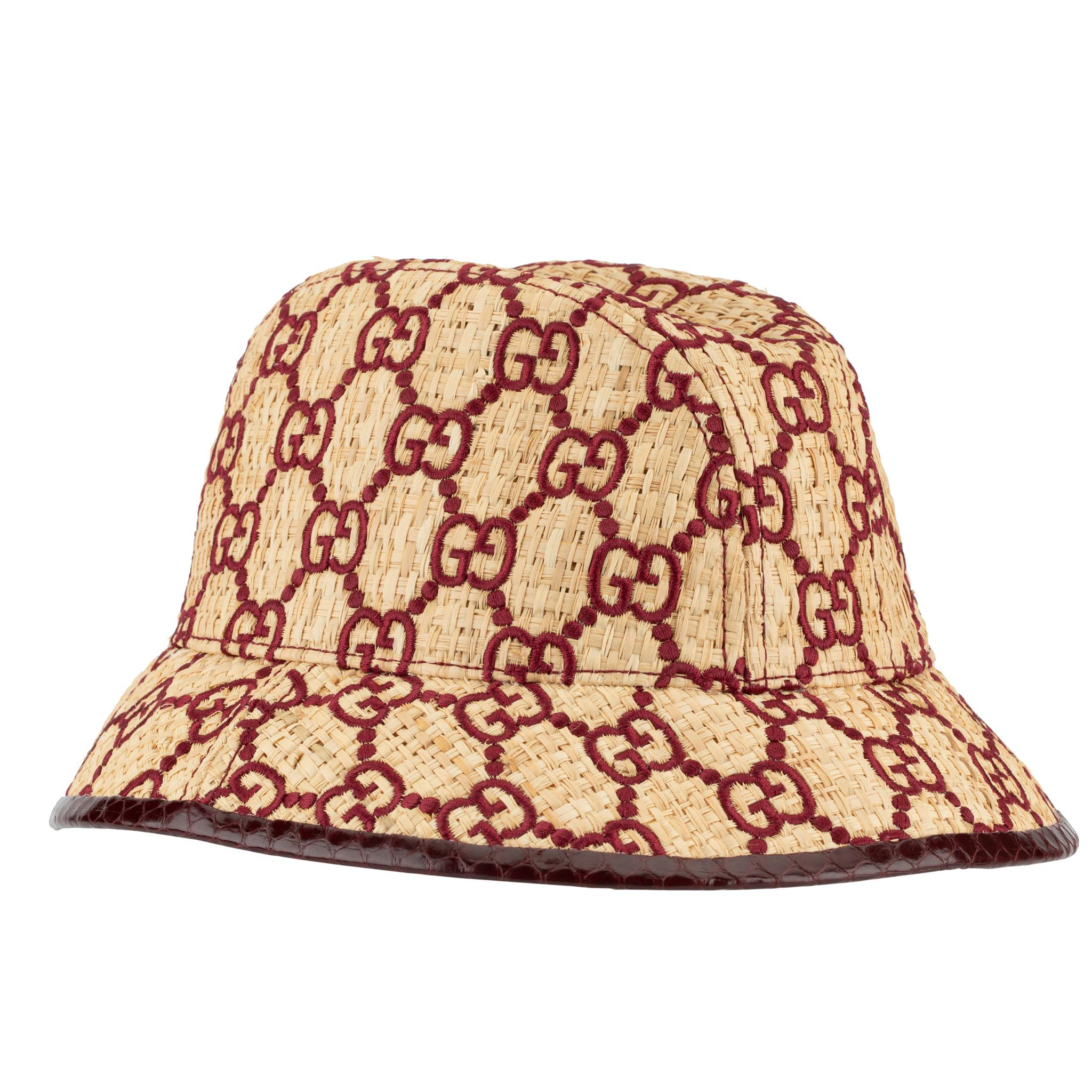 Gucci GG Logo Raffia Bucket Hat With Python Trim 2