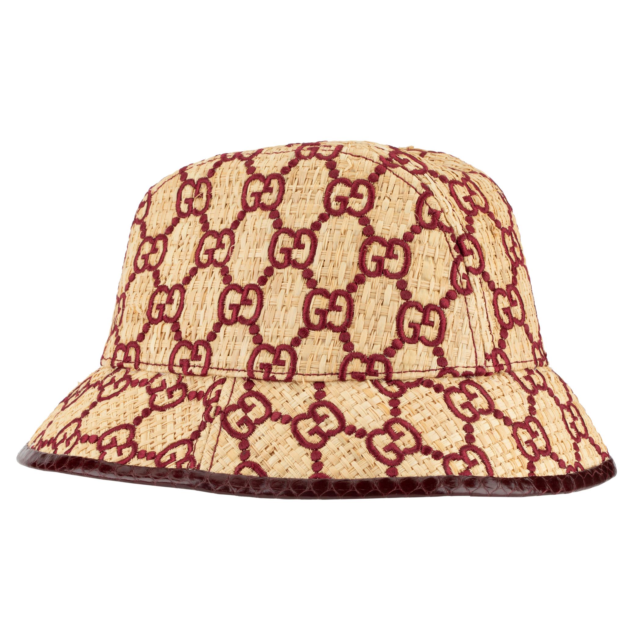 Gucci GG Logo Raffia Bucket Hat With Python Trim 4