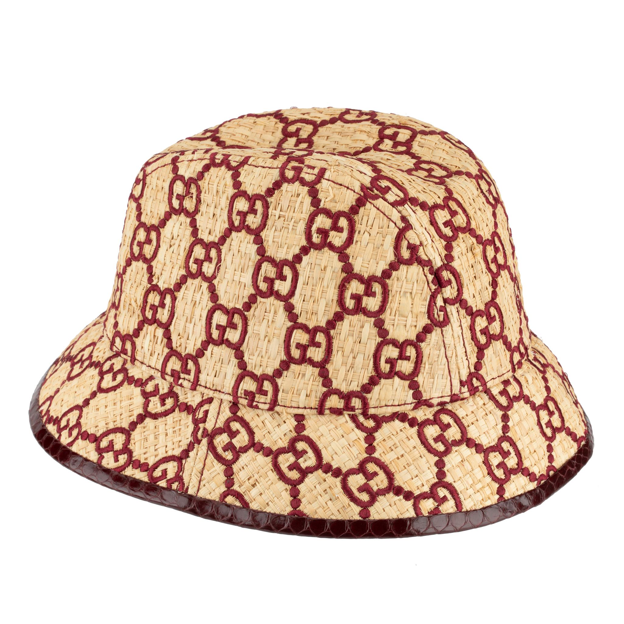 Gucci GG Logo Raffia Bucket Hat With Python Trim 5