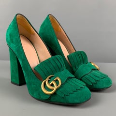 GUCCI GG Marmont 2.0 Size 7.5 Green Suede Fringe Chunky Heel Pumps