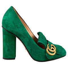 GUCCI GG Marmont 2.0 Size 7.5 Green Suede Fringe Chunky Heel Pumps