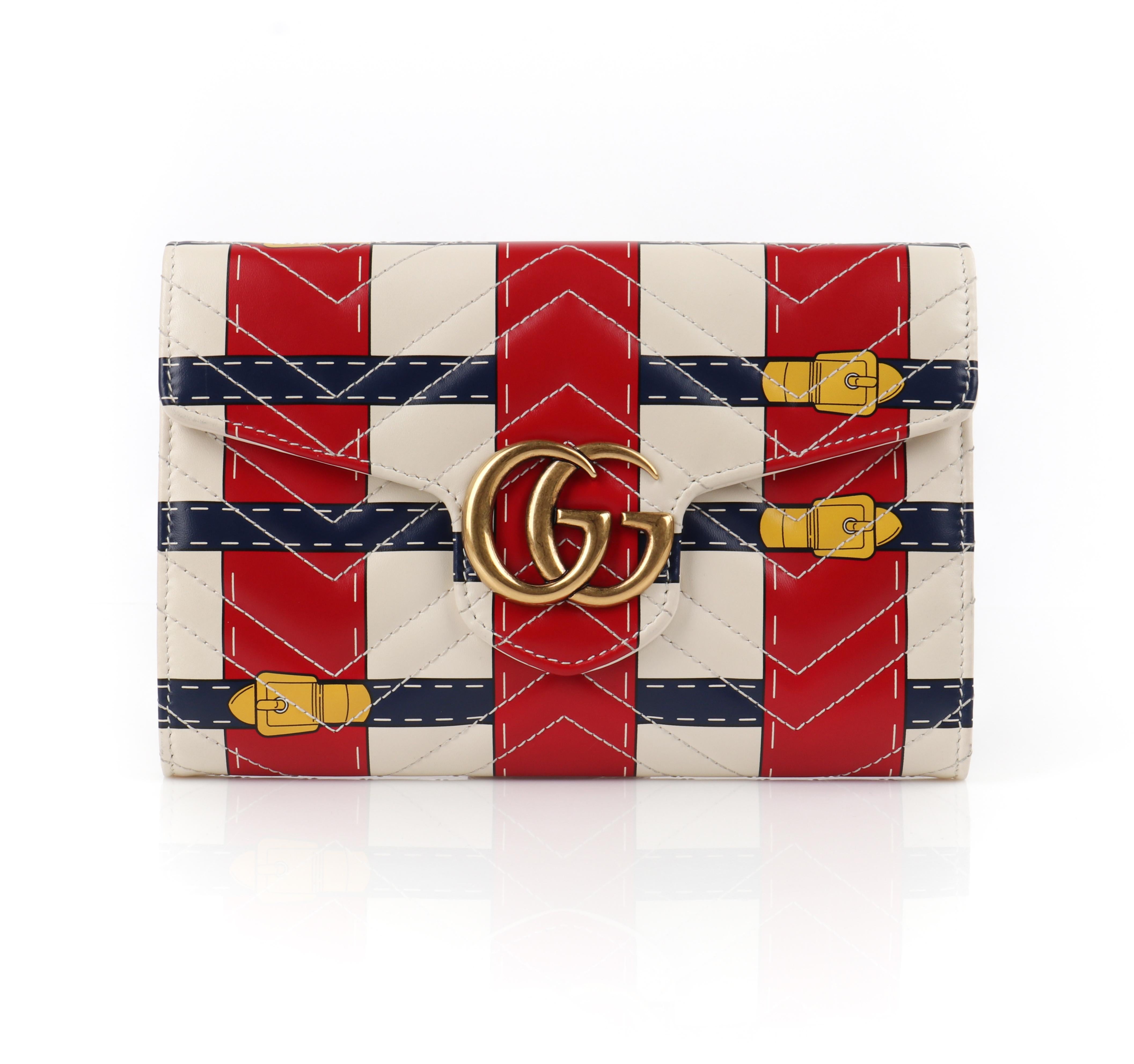 GUCCI GG Marmont 2017 Trompe L'oeil Calfskin Leather Crossbody Chain Wallet Bag
  
Brand / Manufacturer: Gucci
Style: Chain wallet
Color(s): Red, off-white, blue, yellow (exterior, pockets); shades of gold (hardware); nude (interior)
Lined: