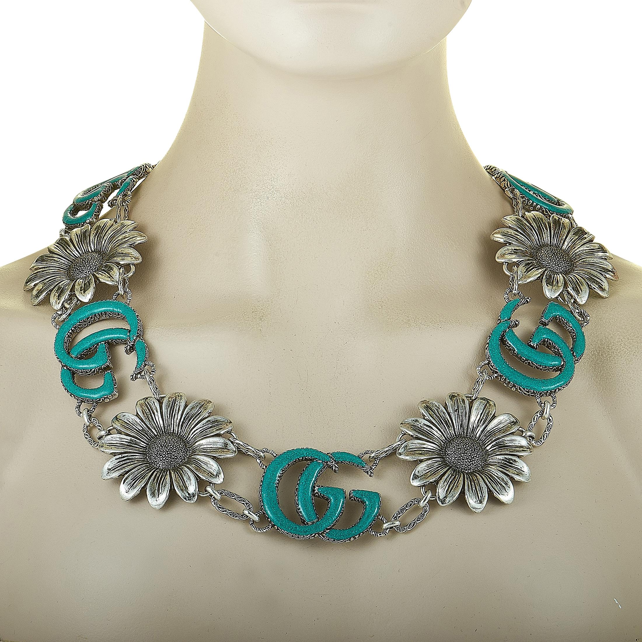 The Gucci “GG Marmont” necklace is made out of aged sterling silver and turquoise resin and weighs 305 grams, measuring 24” in length.
 
 This jewelry piece is offered in brand new condition.
