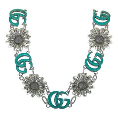 Gucci GG Marmont Aged Sterling Silver and Turquoise Resin Flower Motif Necklace