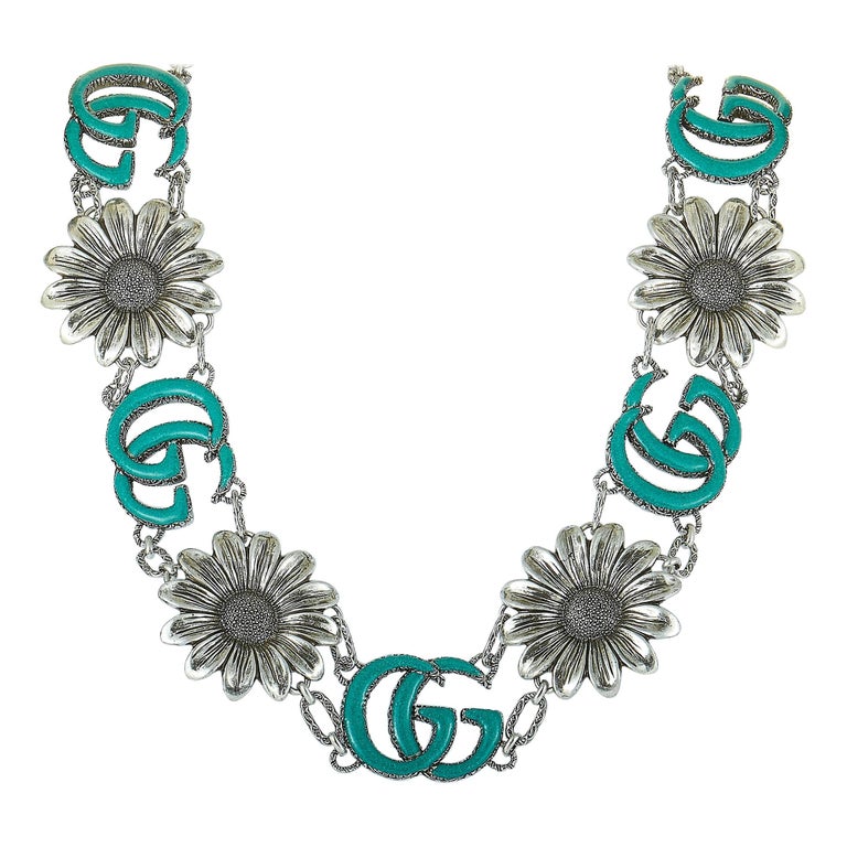 Gucci GG Marmont Aged Sterling Silver and Turquoise Resin Flower Motif