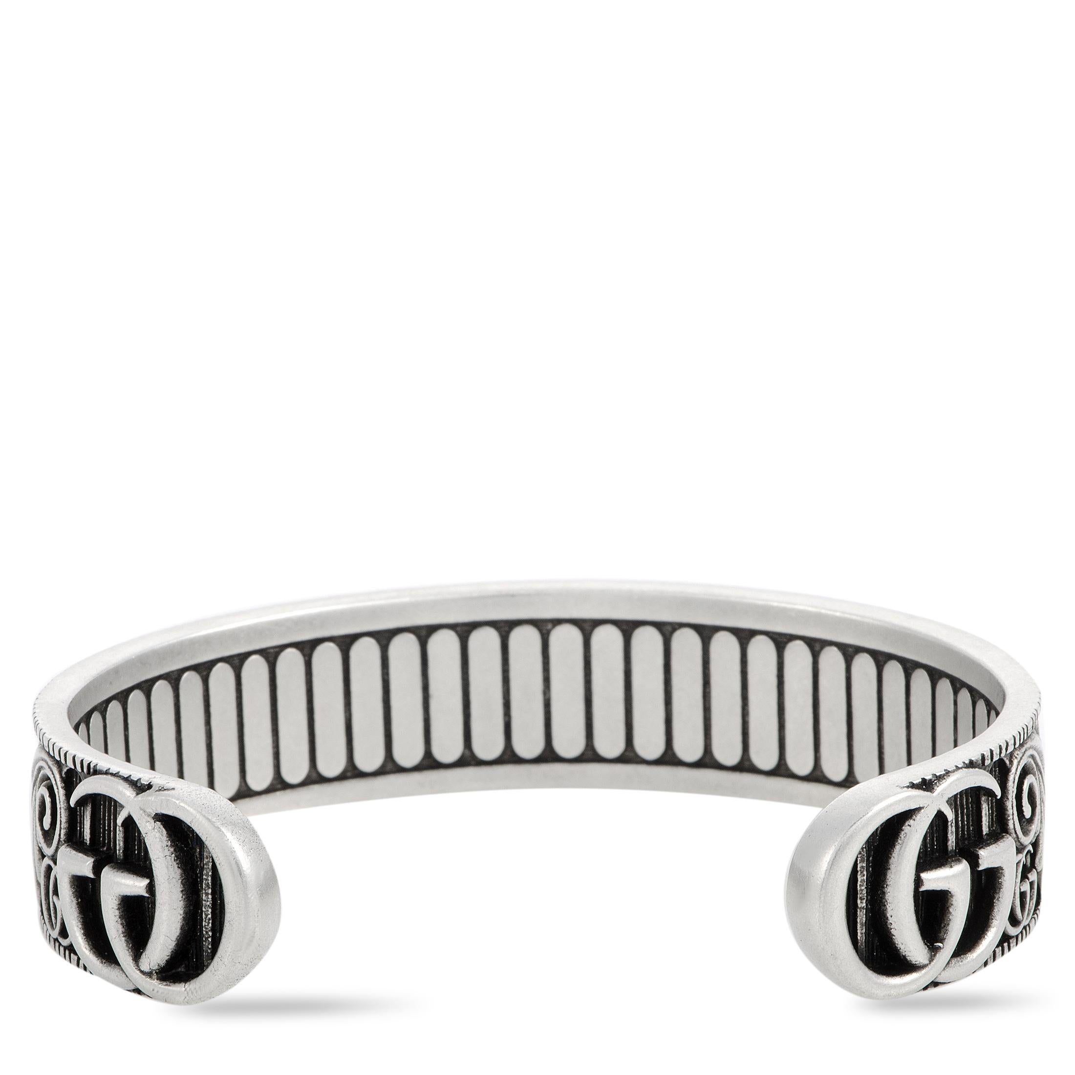 Gucci GG Marmont Aged Sterling Silver Double G Motif Cuff Bracelet In New Condition In Southampton, PA