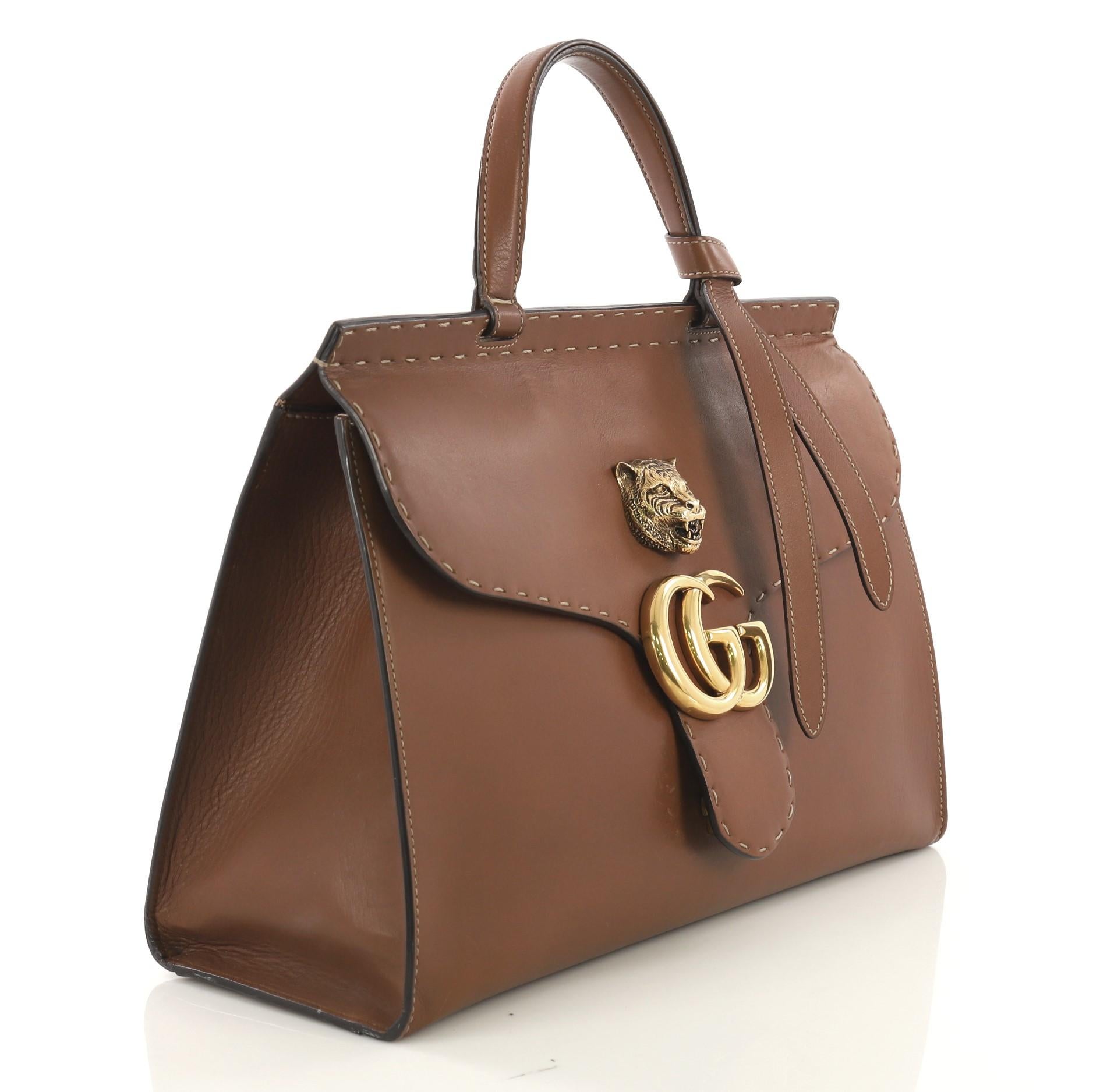 Brown Gucci GG Marmont Animalier Top Handle Bag Leather Medium
