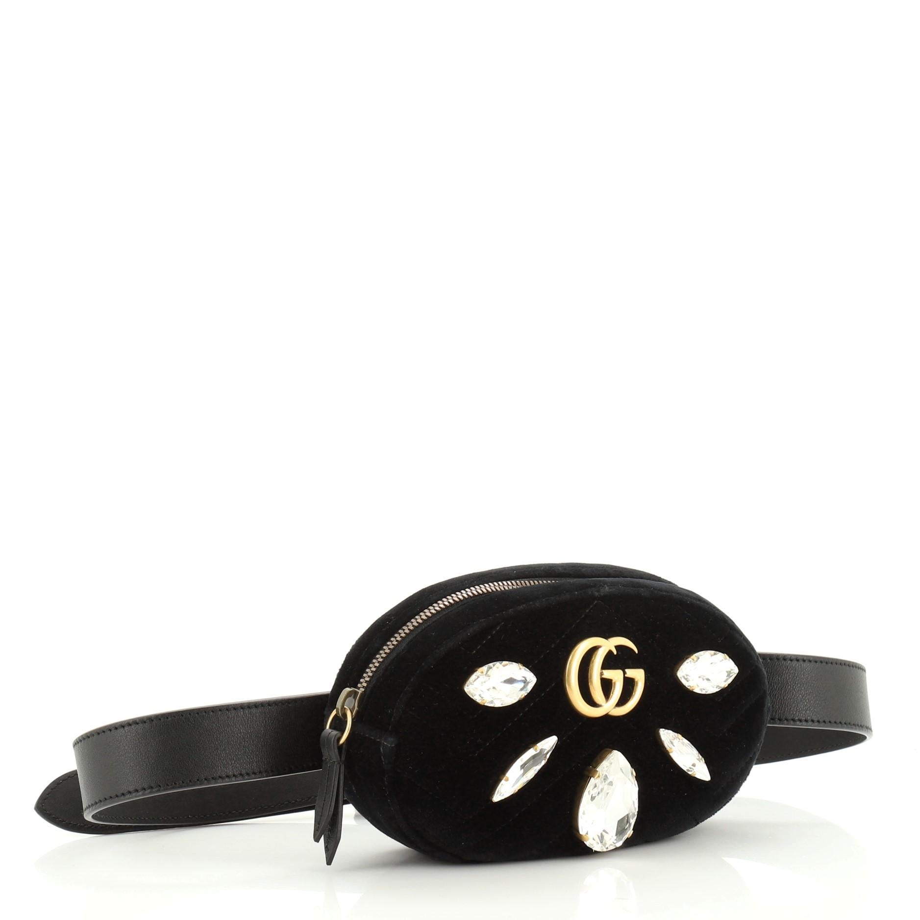 Black Gucci GG Marmont Belt Bag Embellished Matelasse Velvet 
