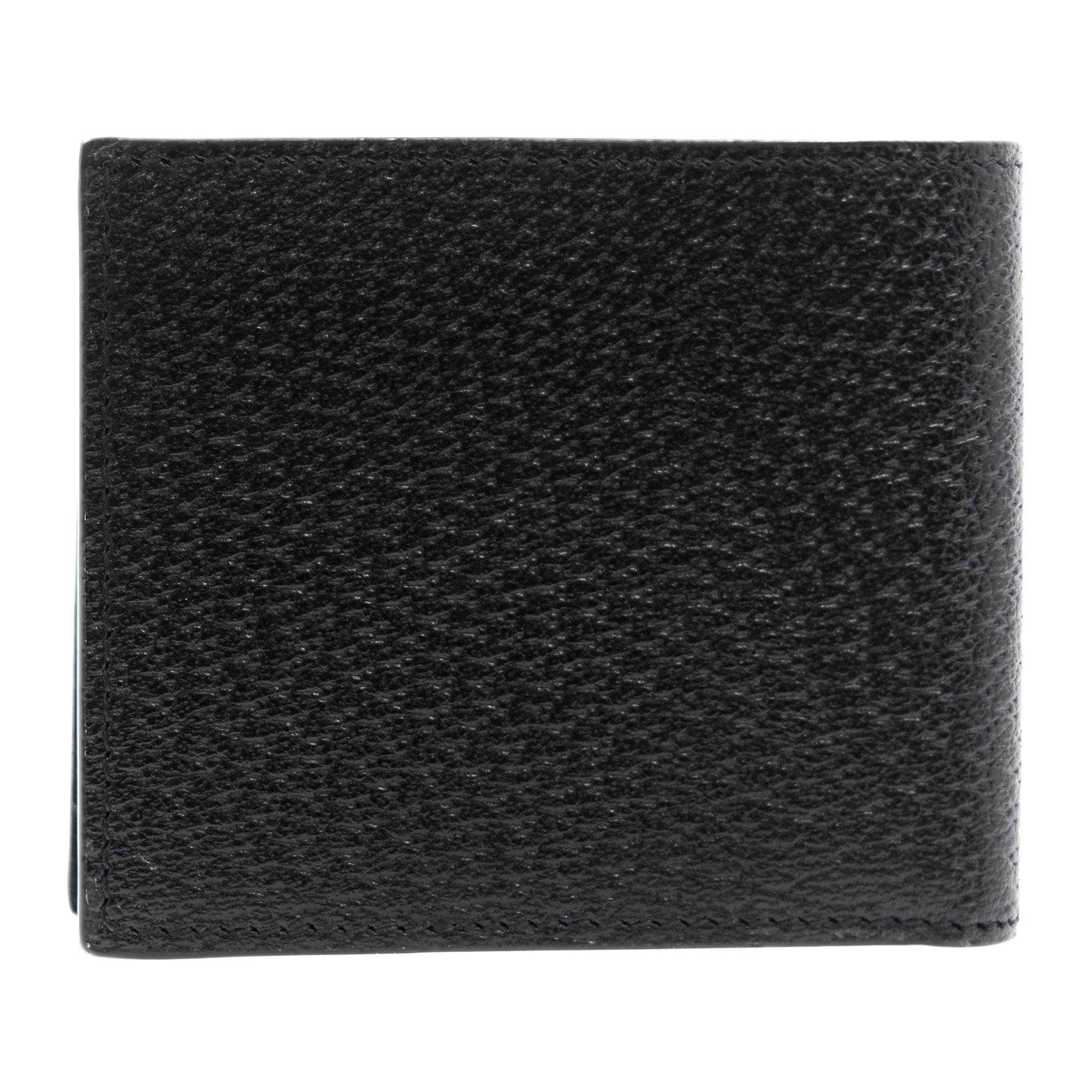 Gucci bi-fold wallet, distinguished by Gucci's double G hardware. Made in calfskin leather heat-stamped to achieve a boar effect, giving it a textured appearance. Black leather. Four card slots and one bill compartment. Measurements: Open: 8.25
