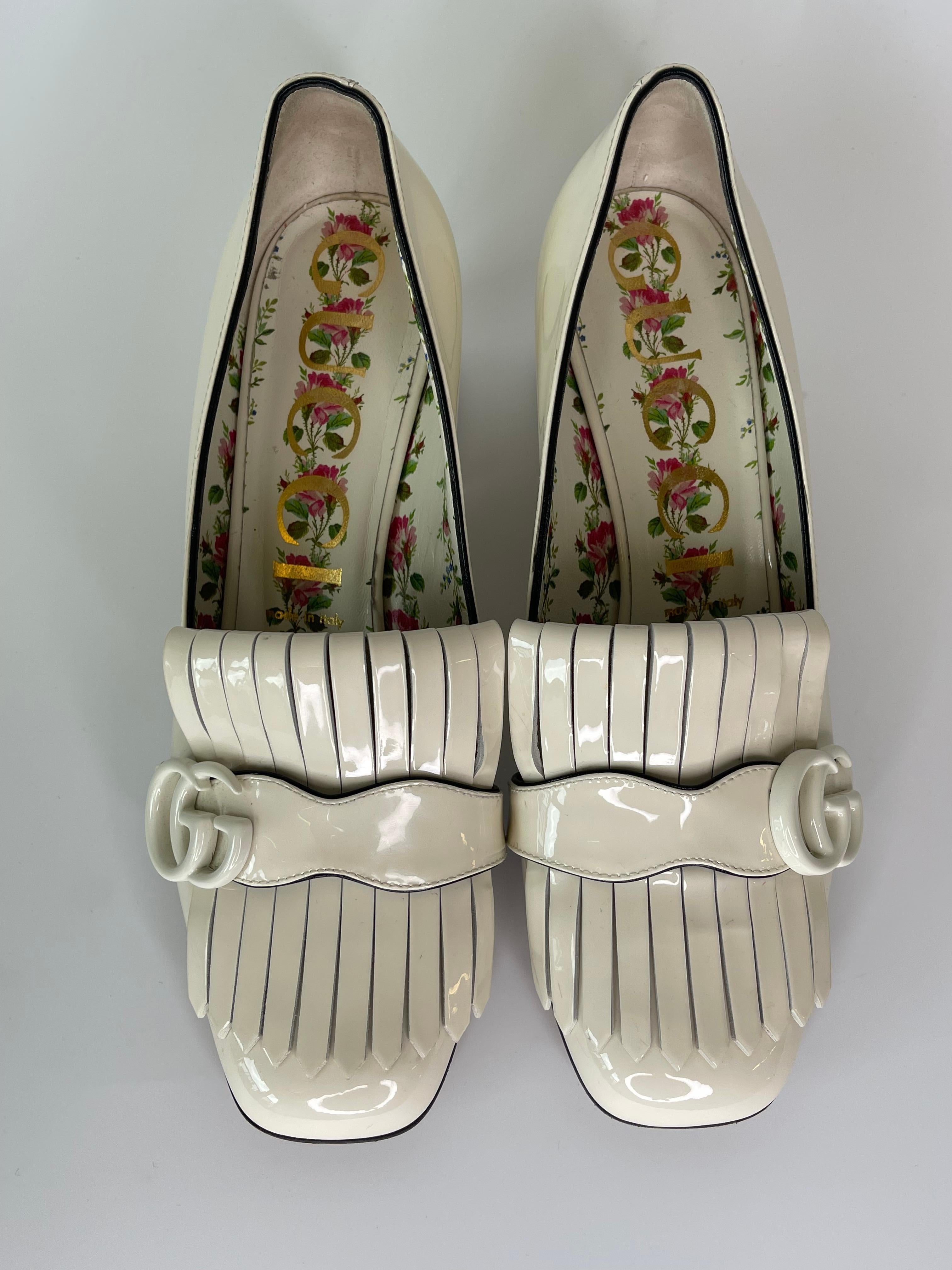 Beige Gucci GG Marmont Block Heel Patent Loafer Pumps Ivory (39 EU)