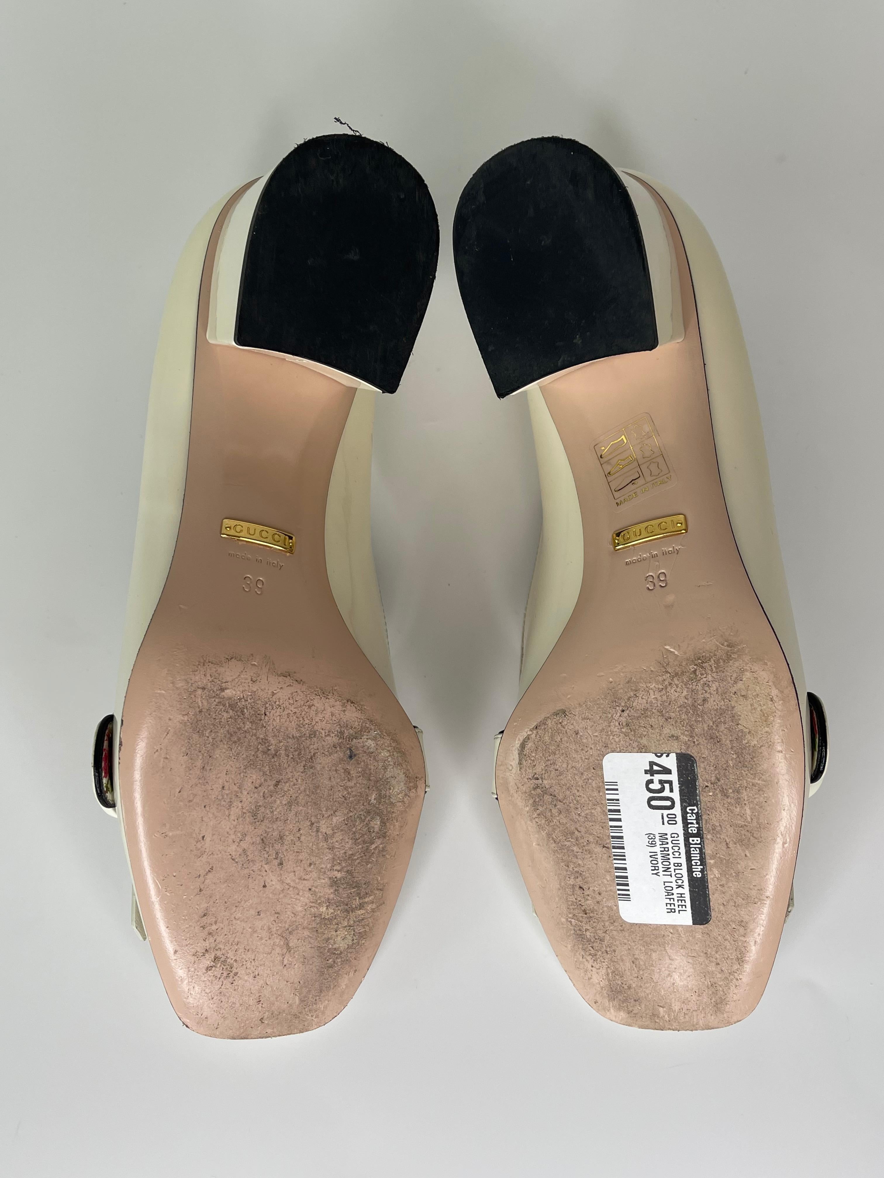 Women's Gucci GG Marmont Block Heel Patent Loafer Pumps Ivory (39 EU)