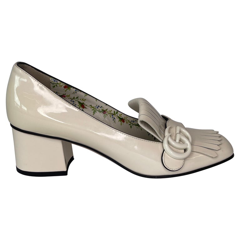 Gucci GG Marmont Block Heel Patent Loafer Pumps Ivory (39 EU) at 1stDibs