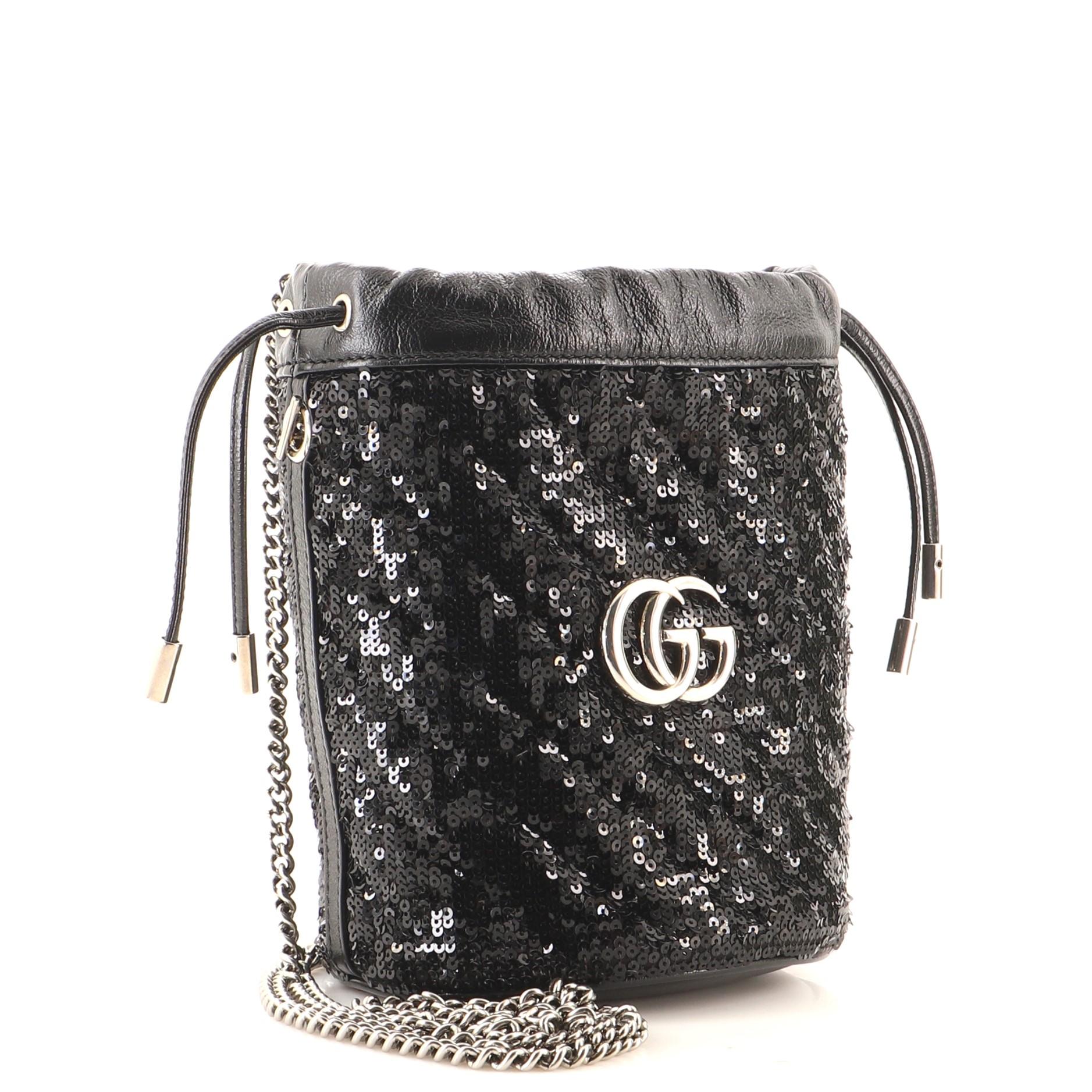 Black Gucci GG Marmont Bucket Bag Diagonal Quilted Sequins Mini