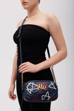 Gucci GG Marmont Calf Ghost Shoulder Bag Blue Red Small