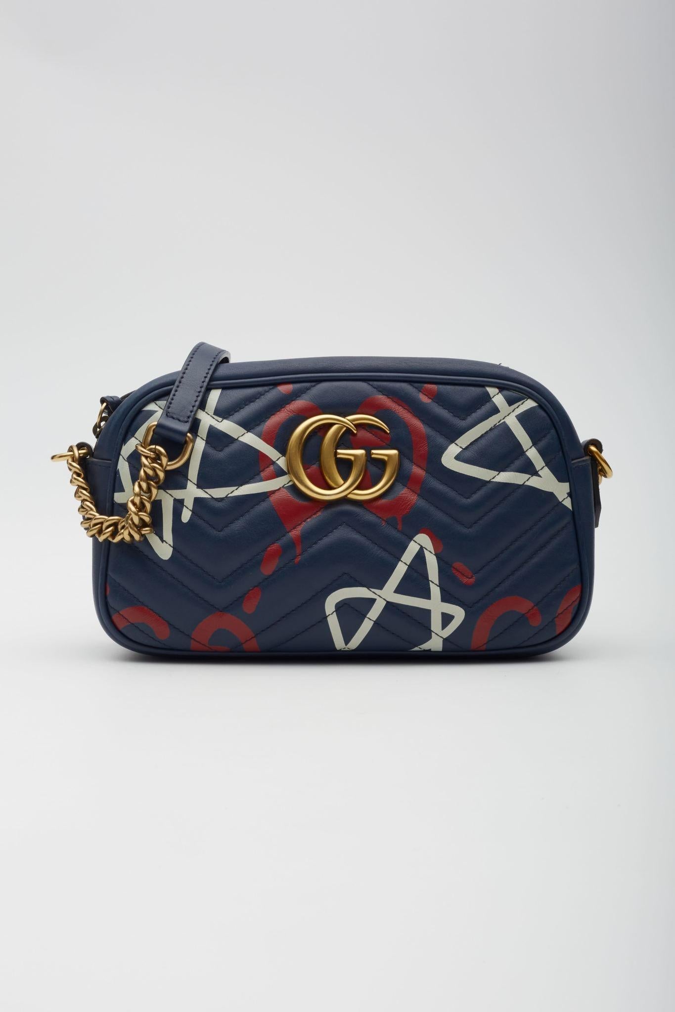 Black Gucci GG Marmont Calf Ghost Shoulder Bag Blue Red Small
