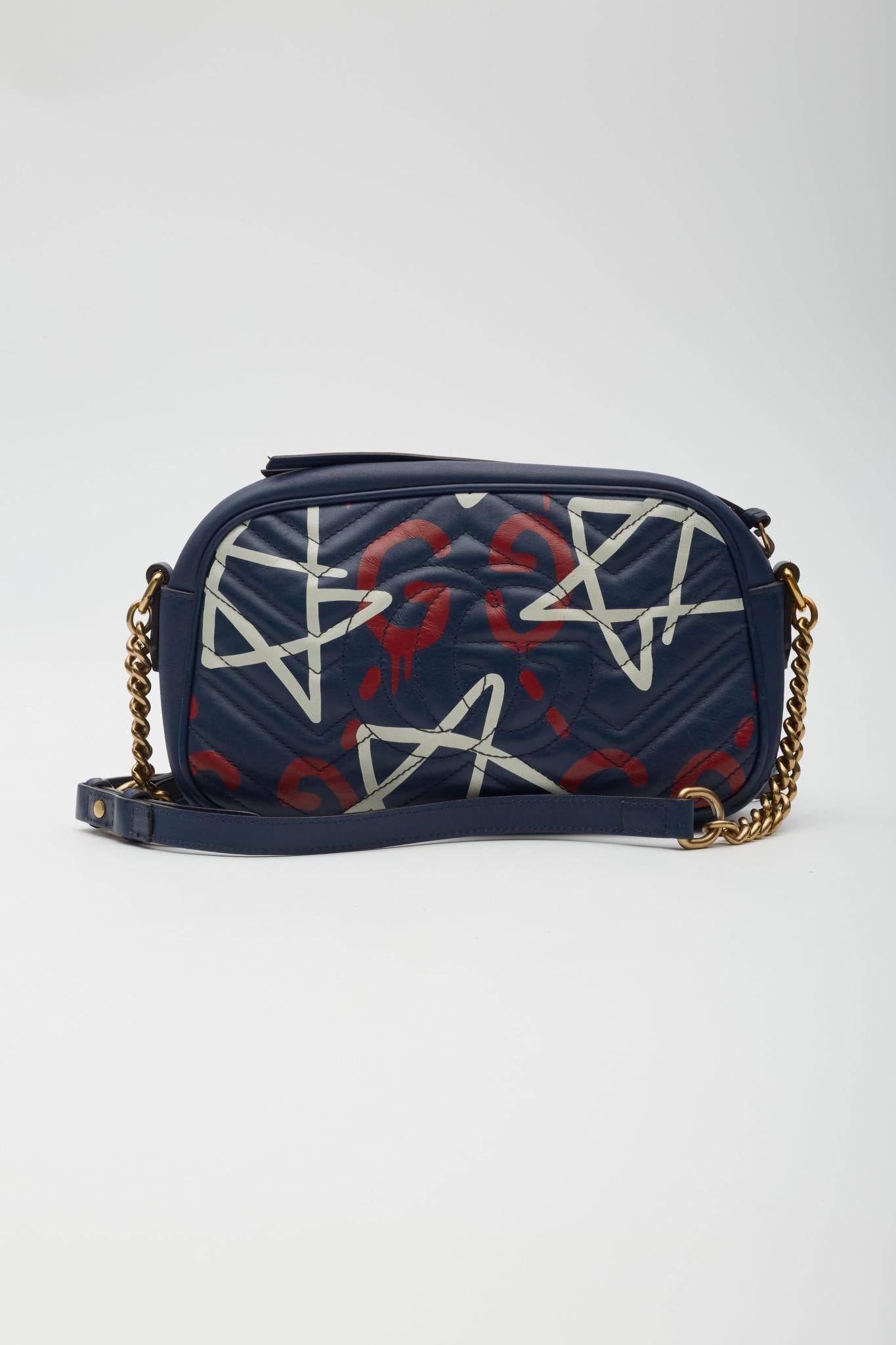 Gucci GG Marmont Calf Ghost Shoulder Bag Blue Red Small In Good Condition In Montreal, Quebec