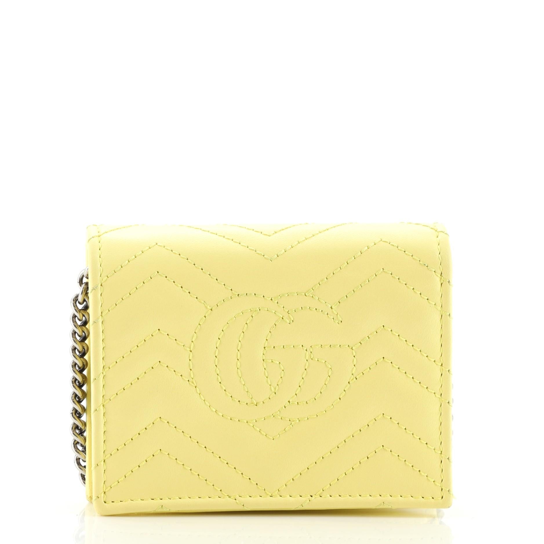 Yellow Gucci GG Marmont Card Case on Chain Matelasse Leather