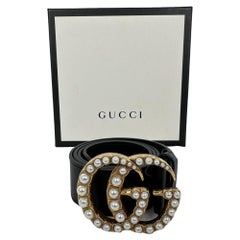 Gucci GG Marmont Faux Pearl 85 CM Buckle Belt in Black Leather