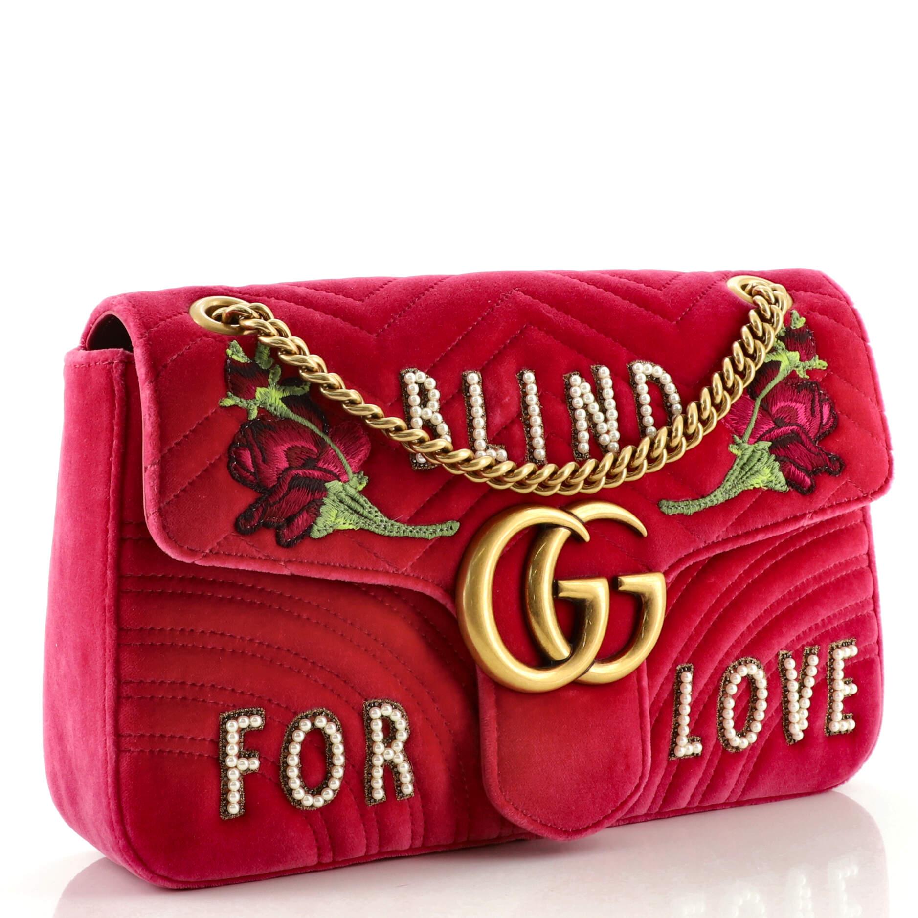 Red Gucci GG Marmont Flap Bag Crystal Embellished Matelasse Velvet Medium