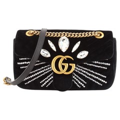 Gucci GG Marmont Flap Bag Crystal Embellished Matelasse Velvet Medium