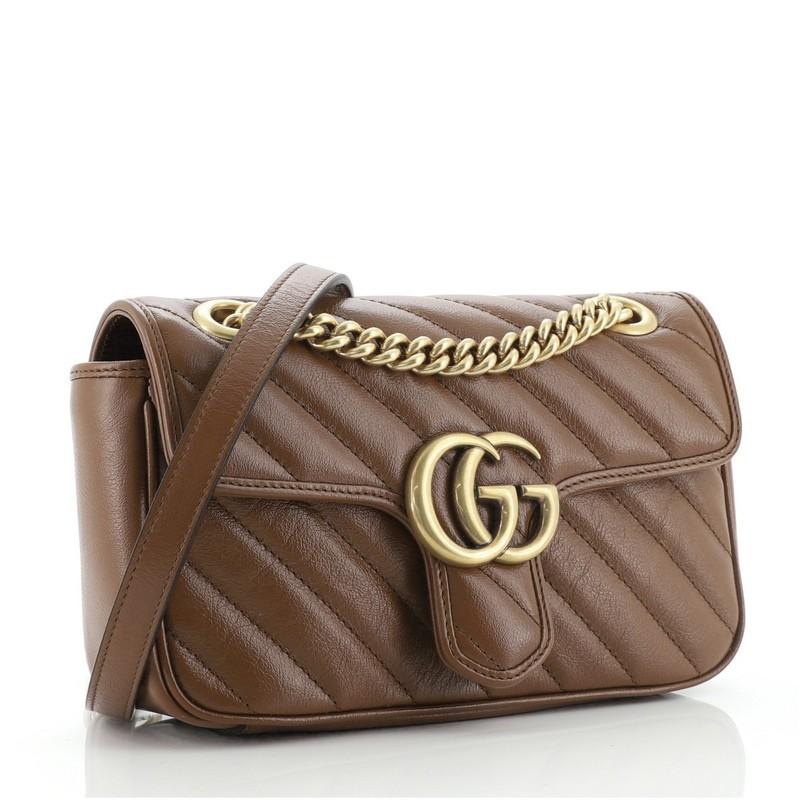 Brown Gucci GG Marmont Flap Bag Diagonal Quilted Leather Mini