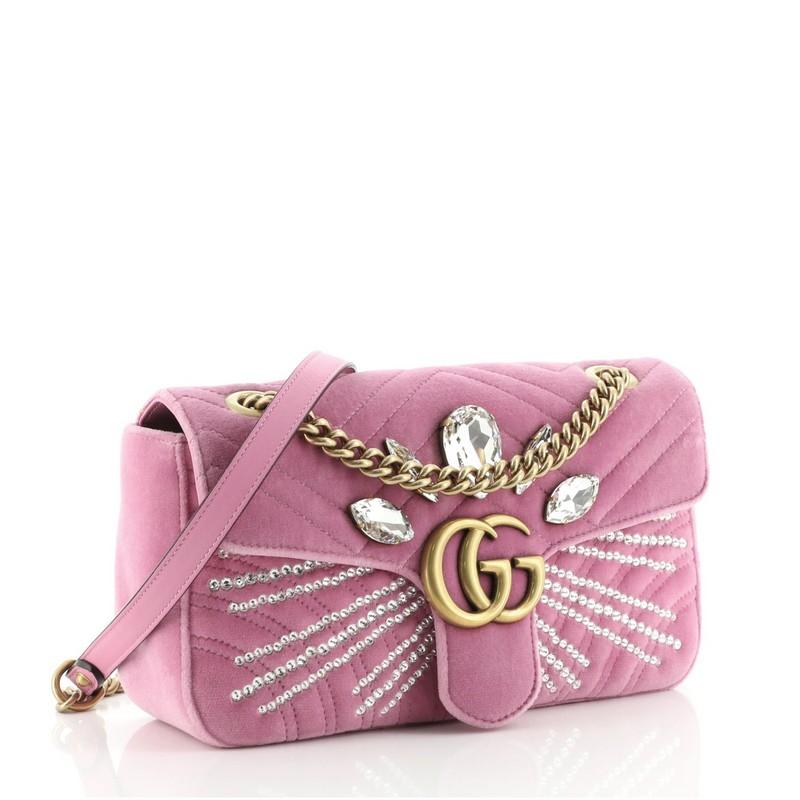 Brown Gucci GG Marmont Flap Bag Embellished Matelasse Velvet Small