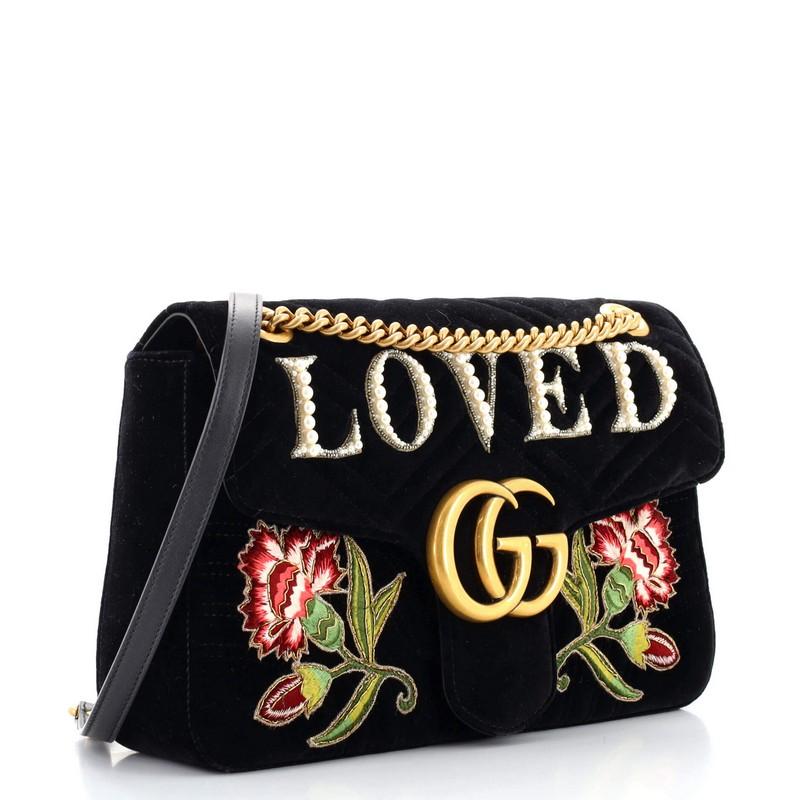 Black Gucci GG Marmont Flap Bag Embroidered Matelasse Velvet Medium