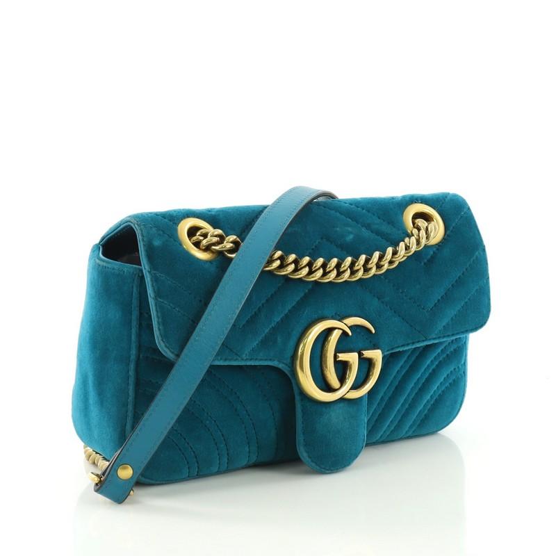 Blue Gucci GG Marmont Flap Bag Matelasse Velvet Mini