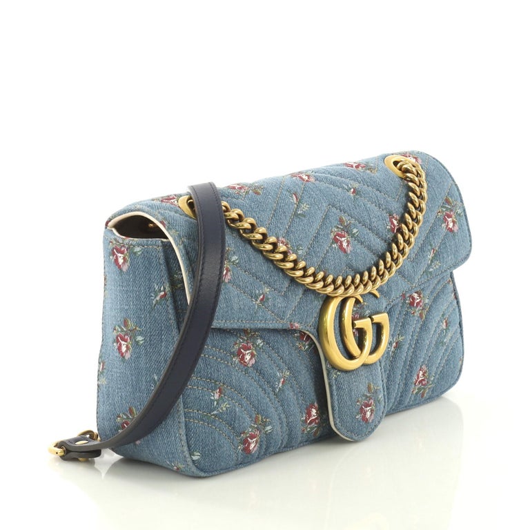 Gucci GG Marmont Flap Bag Printed Matelasse Denim Small For Sale at 1stdibs