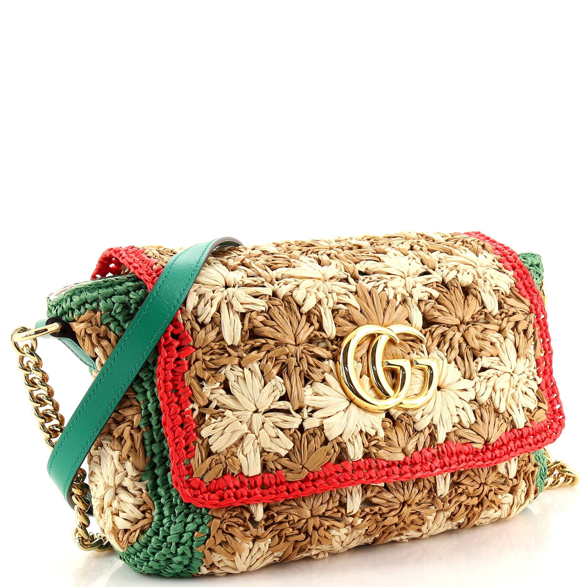 Beige Gucci GG Marmont Flap Bag Raffia Small