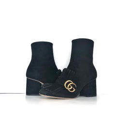 Gucci GG Marmont Fringe Black Suede Ankle Boots 36.5