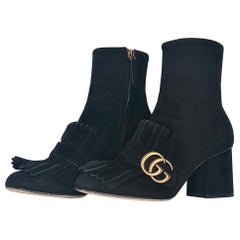 Gucci GG Marmont Fringe Black Suede Ankle Boots 36.5